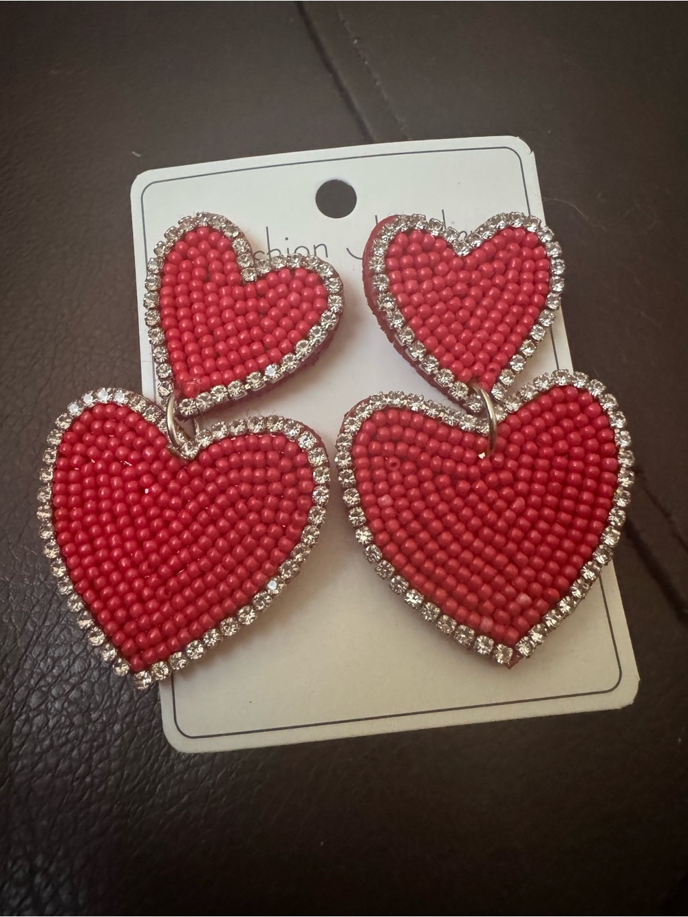 NWT Red Heart Beaded Drop Earrings with Rhinestone Edge